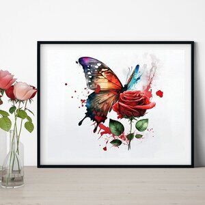 Butterfly with a Single Red‎ Rose Watercolor Oil Painting Art Print